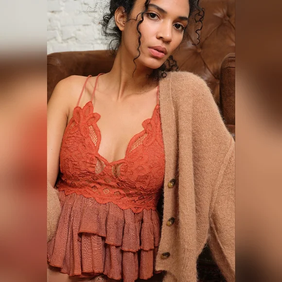 New! Intimately Free People Rust Color Adella Camisole Crochet Lace Top Size S - Picture 3 of 16